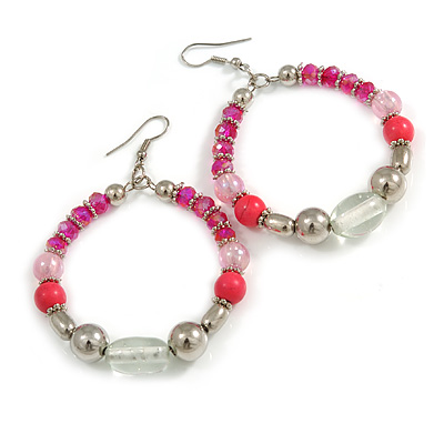 Fuchsia/ Pink/ Transparent Ceramic/ Glass Bead Hoop Earrings In Silver Tone - 80mm Long