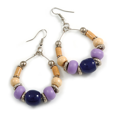 Dark Blue Ceramic/ Natural/ Lavender Wood Bead Hoop Earrings In Silver Tone - 70mm Long