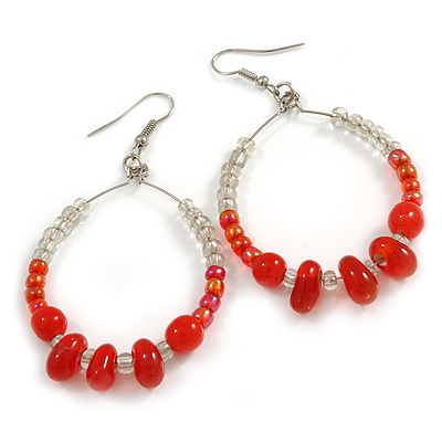 Red/ Transparent Ceramic/ Glass Bead Hoop Earrings In Silver Tone - 70mm Long