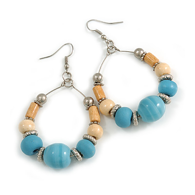 Light Blue Ceramic/ Natural Wood Bead Hoop Earrings In Silver Tone - 70mm Long