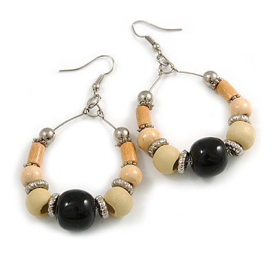 Black Ceramic/ Natural Wood Bead Hoop Earrings In Silver Tone - 70mm Long