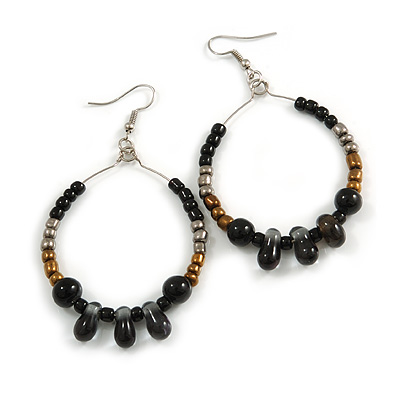 Black/ Bronze/ Silver Ceramic/ Glass Bead Hoop Earrings In Silver Tone - 70mm Long