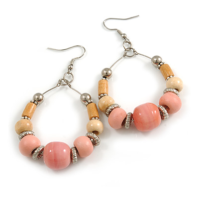 Pastel Pink Ceramic/ Natural Wood Bead Hoop Earrings In Silver Tone - 70mm Long