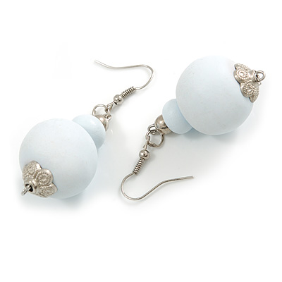 Snow White Double Bead Wood Drop Earrings In Silver Tone - 60mm Long