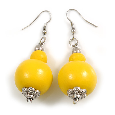 Banana Yellow Double Bead Wood Drop Earrings In Silver Tone - 60mm Long