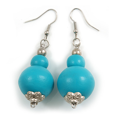 Pastel Teal Blue Double Bead Wood Drop Earrings In Silver Tone - 60mm Long