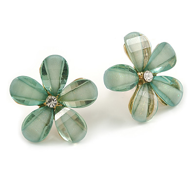 Pale Green Daisy Acrylic Stud Earrings In Gold Plating - 25mm Diameter