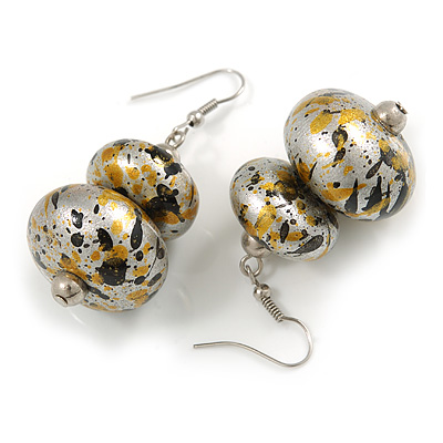 Metallic Silver/ Black/ Gold Double Bead Wood Drop Earrings In Silver Tone - 55mm Long