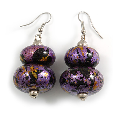 Purple/ Black/ Gold Double Bead Wood Drop Earrings In Silver Tone - 55mm Long