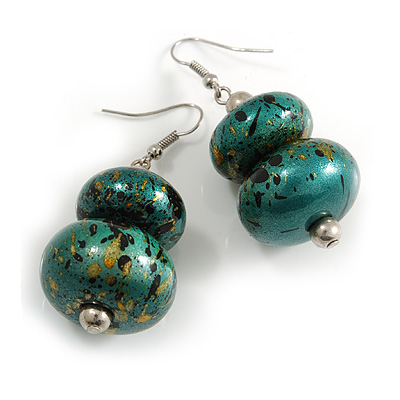 Green/ Black/ Gold Double Bead Wood Drop Earrings In Silver Tone - 55mm Long