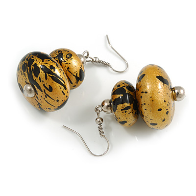 Glitter Gold/ Black Double Bead Wood Drop Earrings In Silver Tone - 55mm Long