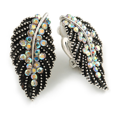 Marcasite AB Crystal Leaf Textured Clip On Earrings In Aged Silver Tone - 30mm Tall