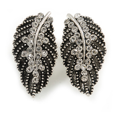 Marcasite Clear Crystal Leaf Textured Clip On Earrings In Aged Silver Tone - 30mm Tall