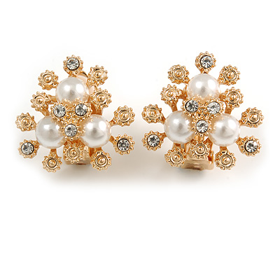 Gold Tone Clear Crystal, Faux Pearl Floral Clip On Earrings - 20mm Tall