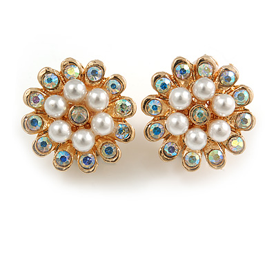 AB Crystal Faux Pearl Floral Clip On Earrings In Gold Tone - 20mm Diameter