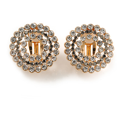 Clear and Hematite Crystal Wreath Clip On Earrings In Gold Tone - 22mm Diameter