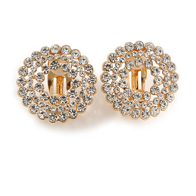 Clear Crystal Wreath Clip On Earrings In Gold Tone - 22mm Diameter