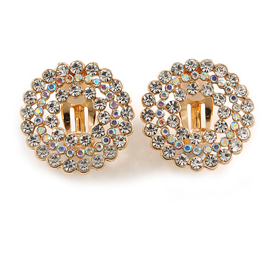 Clear and AB Crystal Wreath Clip On Earrings In Gold Tone - 22mm Diameter