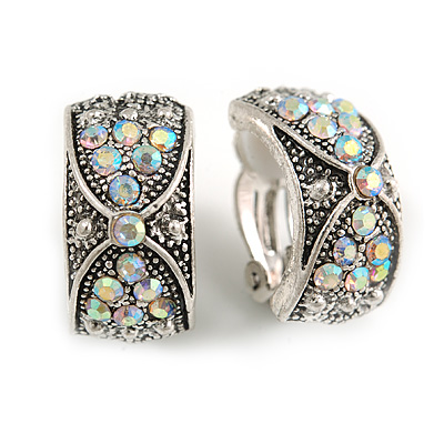Vintage Inspired AB C-Shape Clip On Earrings In Silver Tone - 20mm Tall
