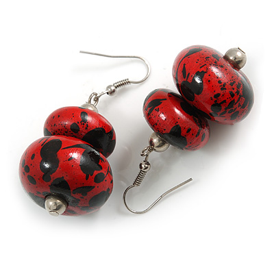 Red/ Black Double Bead Wood Drop Earrings In Silver Tone - 55mm Long