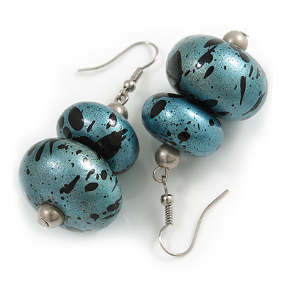 Metallic Blue/ Black Double Bead Wood Drop Earrings In Silver Tone - 55mm Long