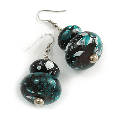 Black/ Green/ White Double Bead Wood Drop Earrings In Silver Tone - 55mm Long