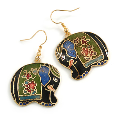 Multicoloured Enamel Elephant Drop Earrings In Gold Tone Metal - 45mm Long