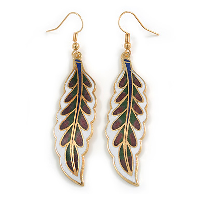Multicoloured Enamel Leaf Drop Earrings In Gold Tone - 70mm Long
