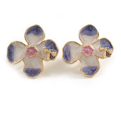 23mm Gold Tone Enamel Flower Clip On Earrings in Purple/ Pink/ White