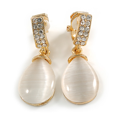 Gold Plated Clear Crystal Cat Eye Stone Teardrop Clip On Earring - 35mm Long