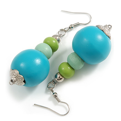 Graduated Turquoise/Mint/Lime Green Painted Wood Bead Drop Earings - 65mm Long