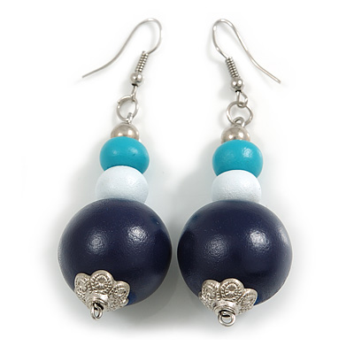 Graduated Turquoise/White/Dark Blue Painted Wood Bead Drop Earings - 65mm Long