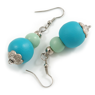 Turquoise/ Mint Painted Double Bead Wood Drop Earrings - 55mm Long