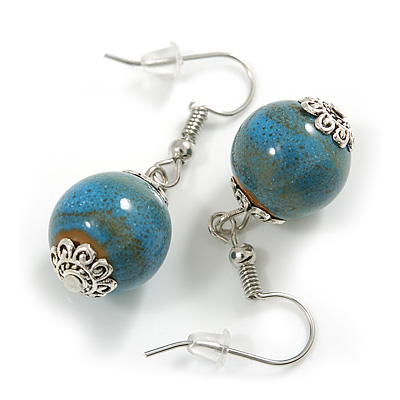 15mm Dusty Blue Round Ceramic Drop Earrings - 35mm Long