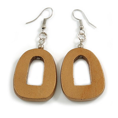 Gold Bronze Painted Wood O-Shape Drop Earrings - 55mm L