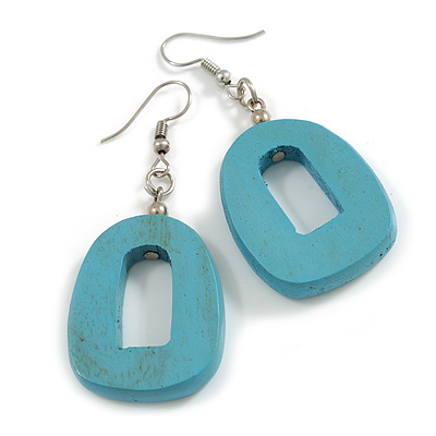 Turquoise Washed Wood O-Shape Drop Earrings - 55mm L