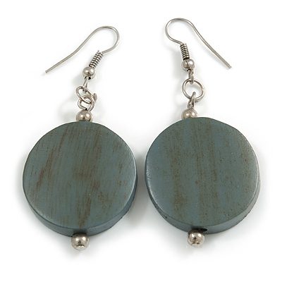 Antique Grey Painted Wood Coin Drop Earrings - 55mm Long