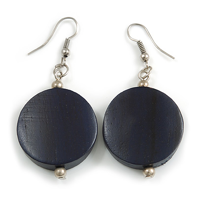 Dark Blue Wood Coin Drop Earrings - 55mm L