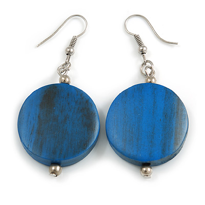 Blue Painted Wood Coin Drop Earrings - 55mm L
