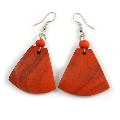 Antique Orange Painted Wood Fan Shape Drop Earrings - 55mm L