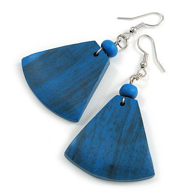 Blue Painted Wood Fan Shape Drop Earrings - 55mm L
