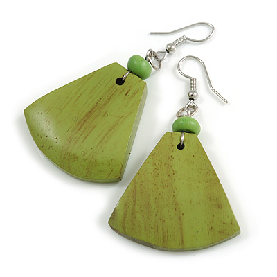 Lime Green Painted Wood Fan Shape Drop Earrings - 55mm L
