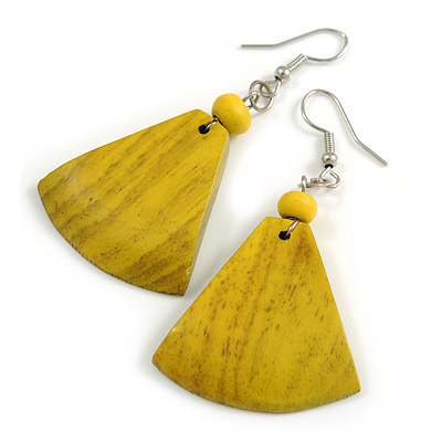 Antique Yellow Painted Wood Fan Shape Drop Earrings - 55mm L