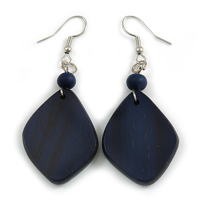 Diamond Shape Dark Blue Painted Wood Drop Earrings - 60mm L