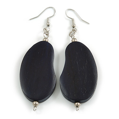Lucky Beans Dark Blue Painted Wooden Drop Earrings - 65mm Long