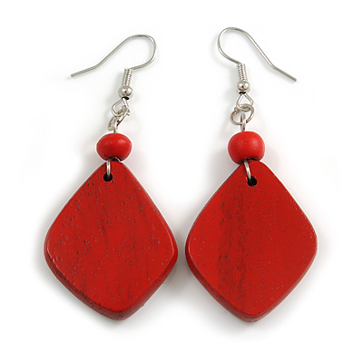 Diamond Shape Red Painted Wood Drop Earrings - 60mm L