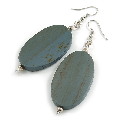 Antique Grey Painted Wood Oval Drop Earrings - 70mm Long