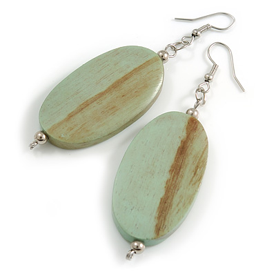 Antique Mint Washed Wood Oval Drop Earrings - 70mm L