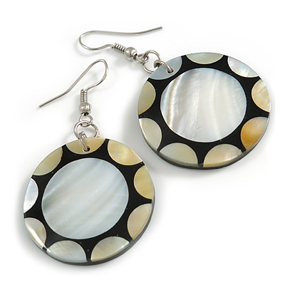 50mm L/Silvery/Black/Natural Round Shape Sea Shell Earrings/Handmade/ Slight Variation In Colour/Natural Irregularities