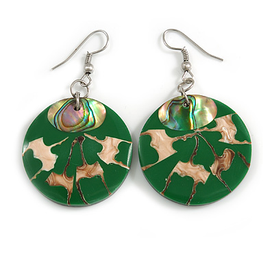 50mm L/Green/Natural/Abalone Round Shape Sea Shell Earrings/Handmade/ Slight Variation In Colour/Natural Irregularities